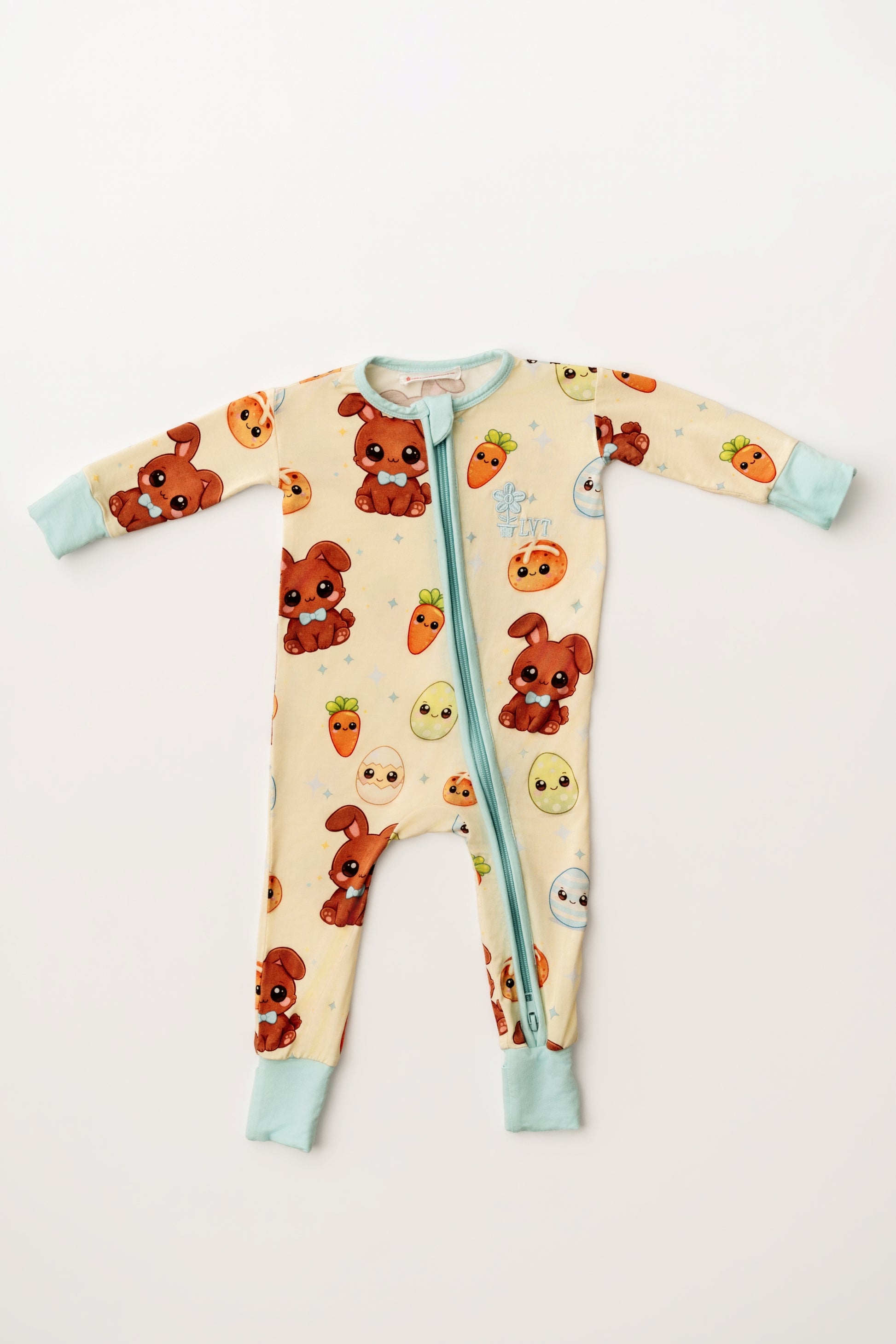 Blue Bunny bamboo zip romper laid flat on white background